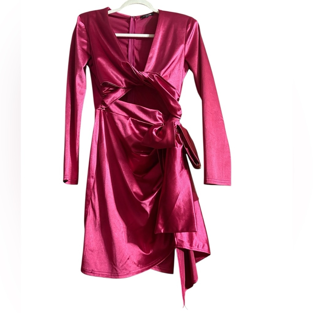 Fashion Nova Satin Burgundy Long Sleeve Dress